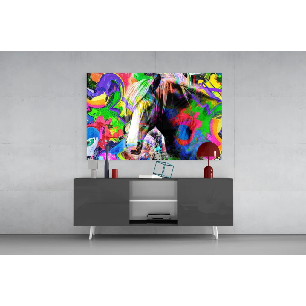 Vibrant neon splash horse glass wall art canvas print