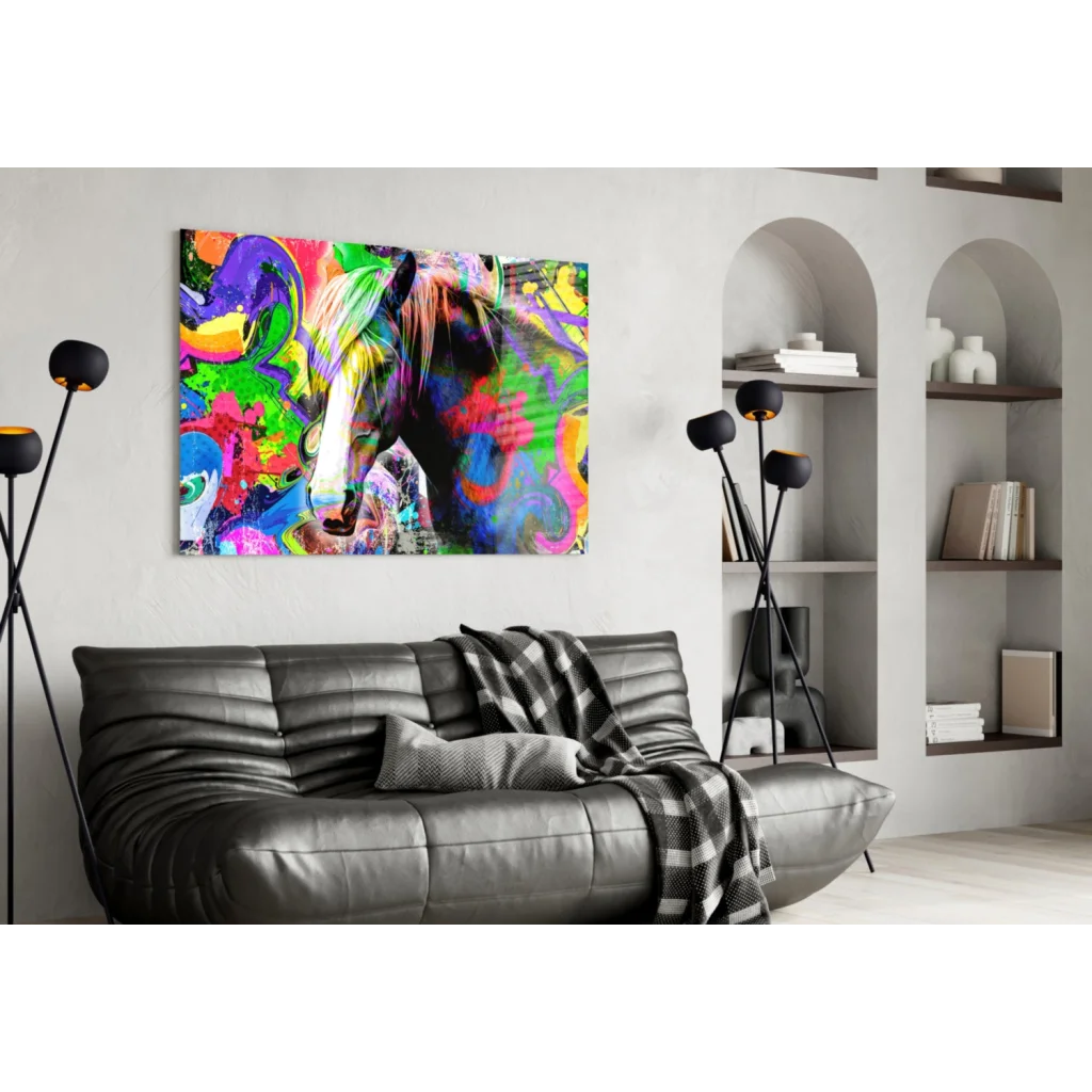 Vibrant neon splash horse glass wall art canvas print