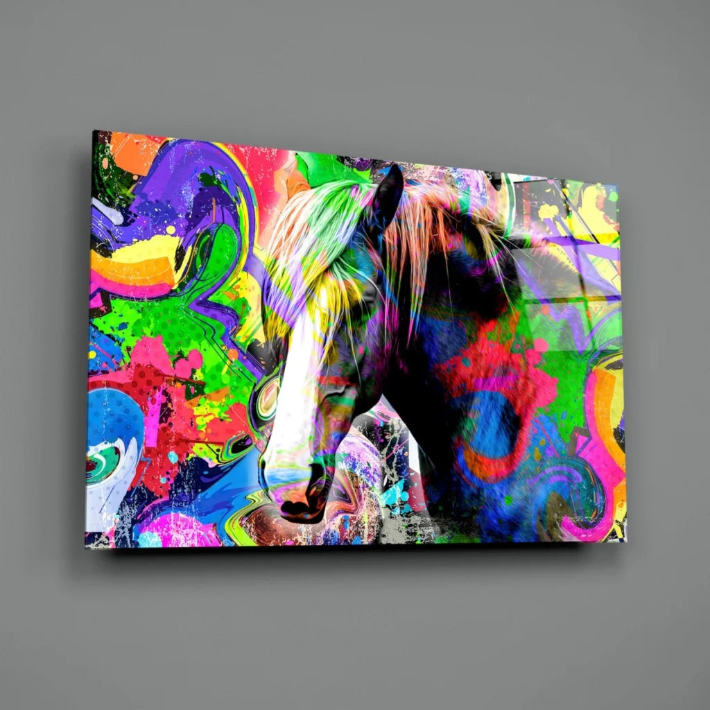 Vibrant neon splash horse glass wall art canvas print