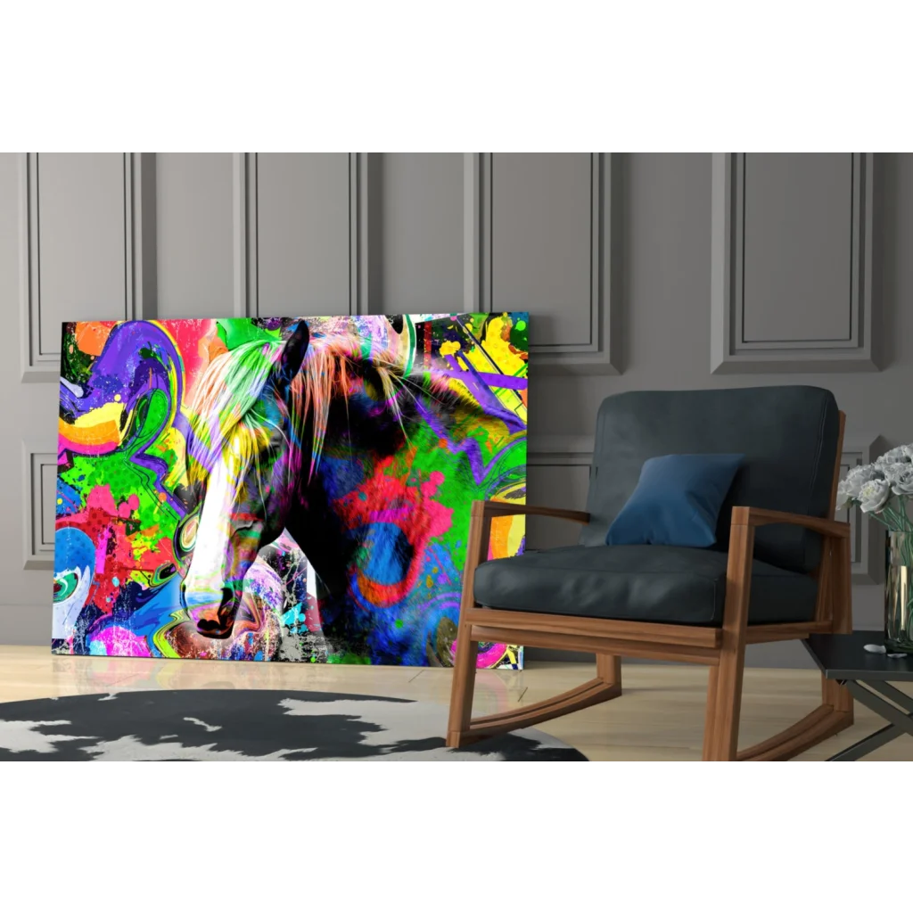 Vibrant neon splash horse glass wall art canvas print