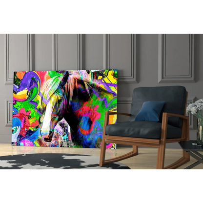 Vibrant neon splash horse glass wall art canvas print