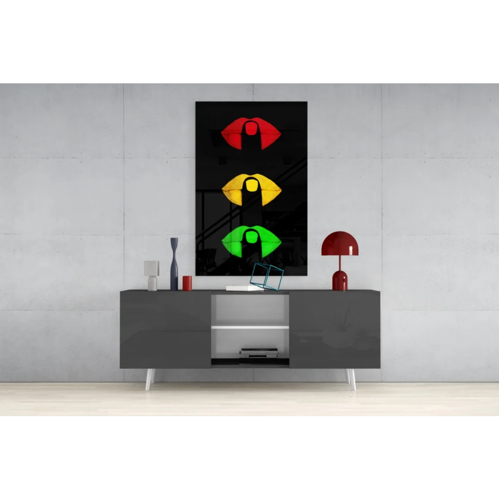 Bold traffic light glass wall art panel in red, yellow, green