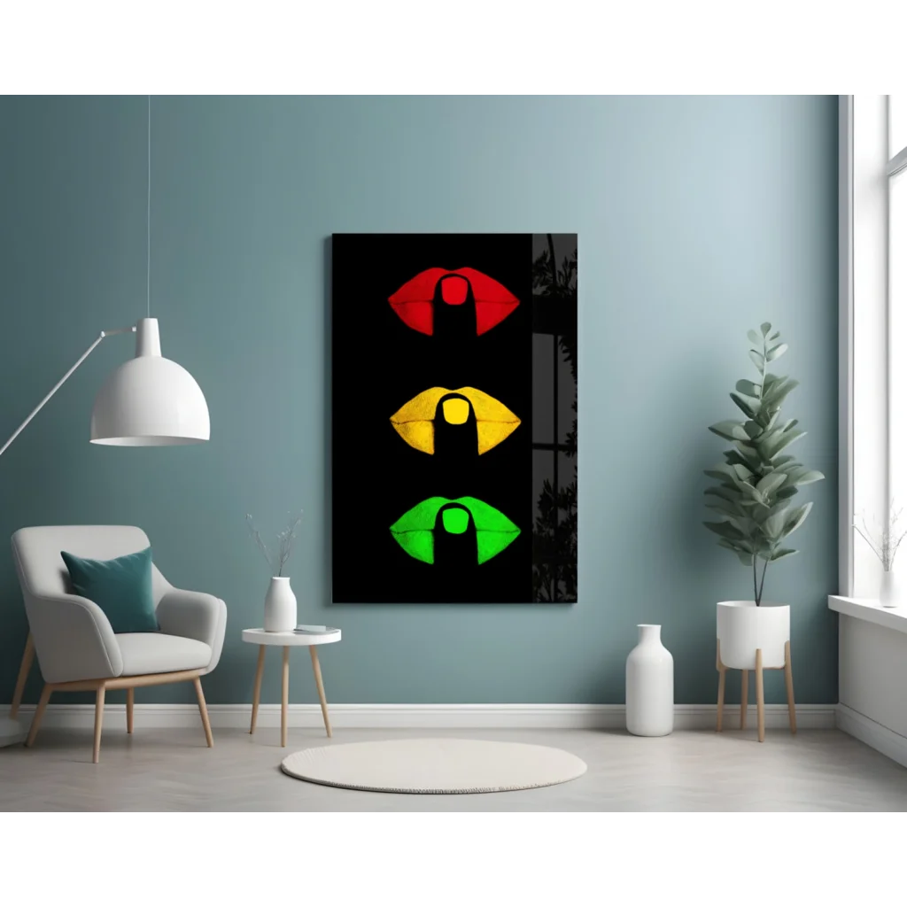 Traffic light lips glass wall art with red, yellow, green stylized lips on black