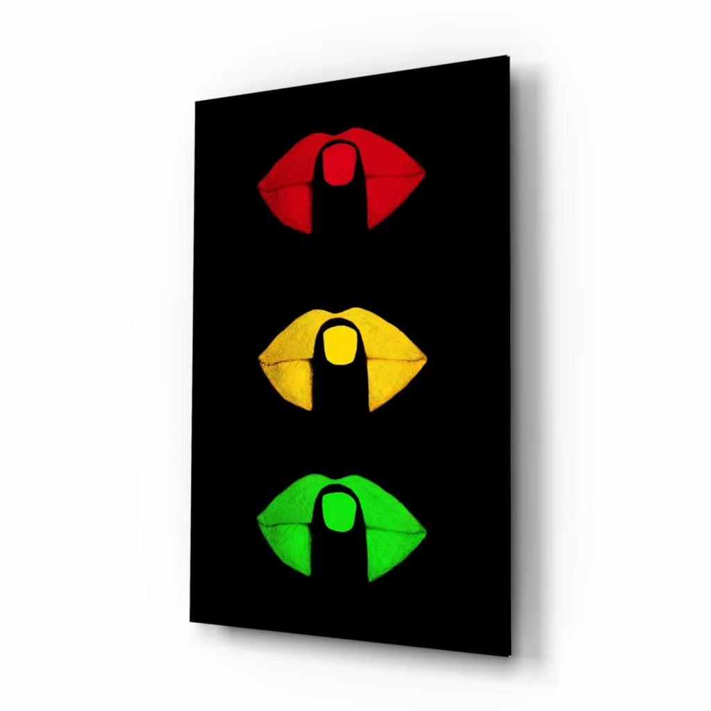 Traffic light lips glass wall art panel with red yellow green lips on black canvas