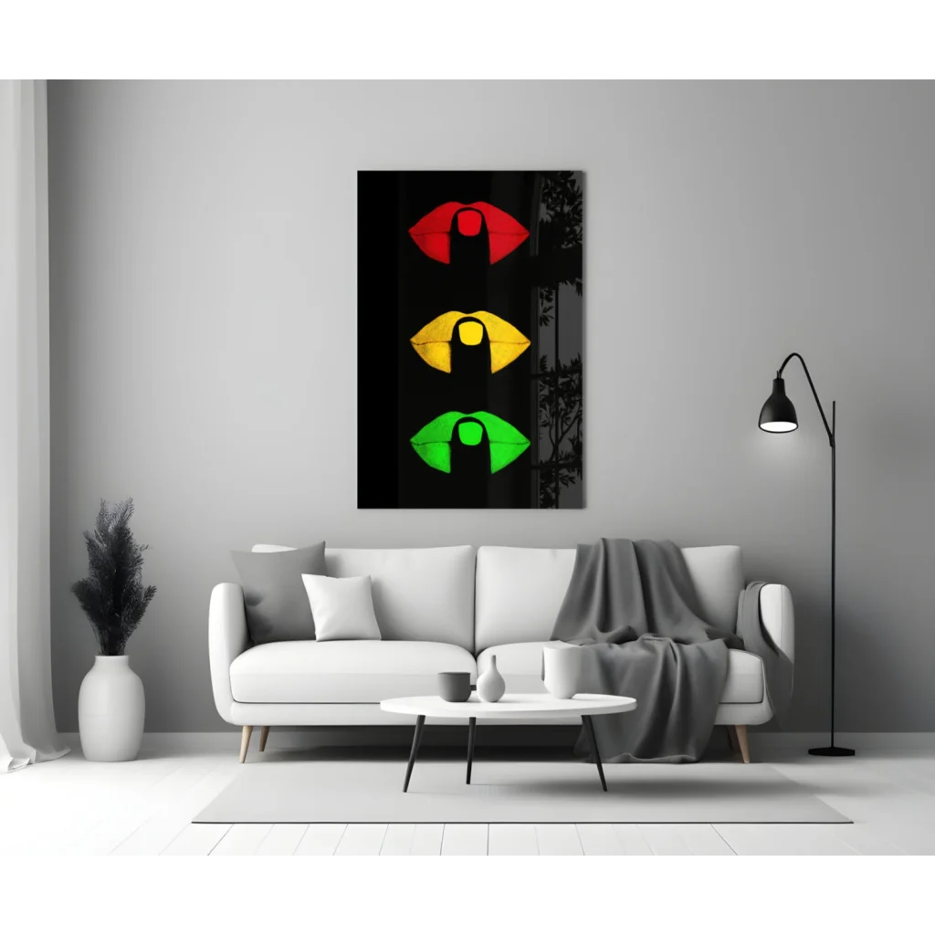 Vibrant traffic light lips glass wall art in red, yellow, green