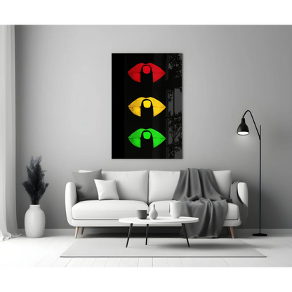 Vibrant traffic light lips glass wall art in red, yellow, green