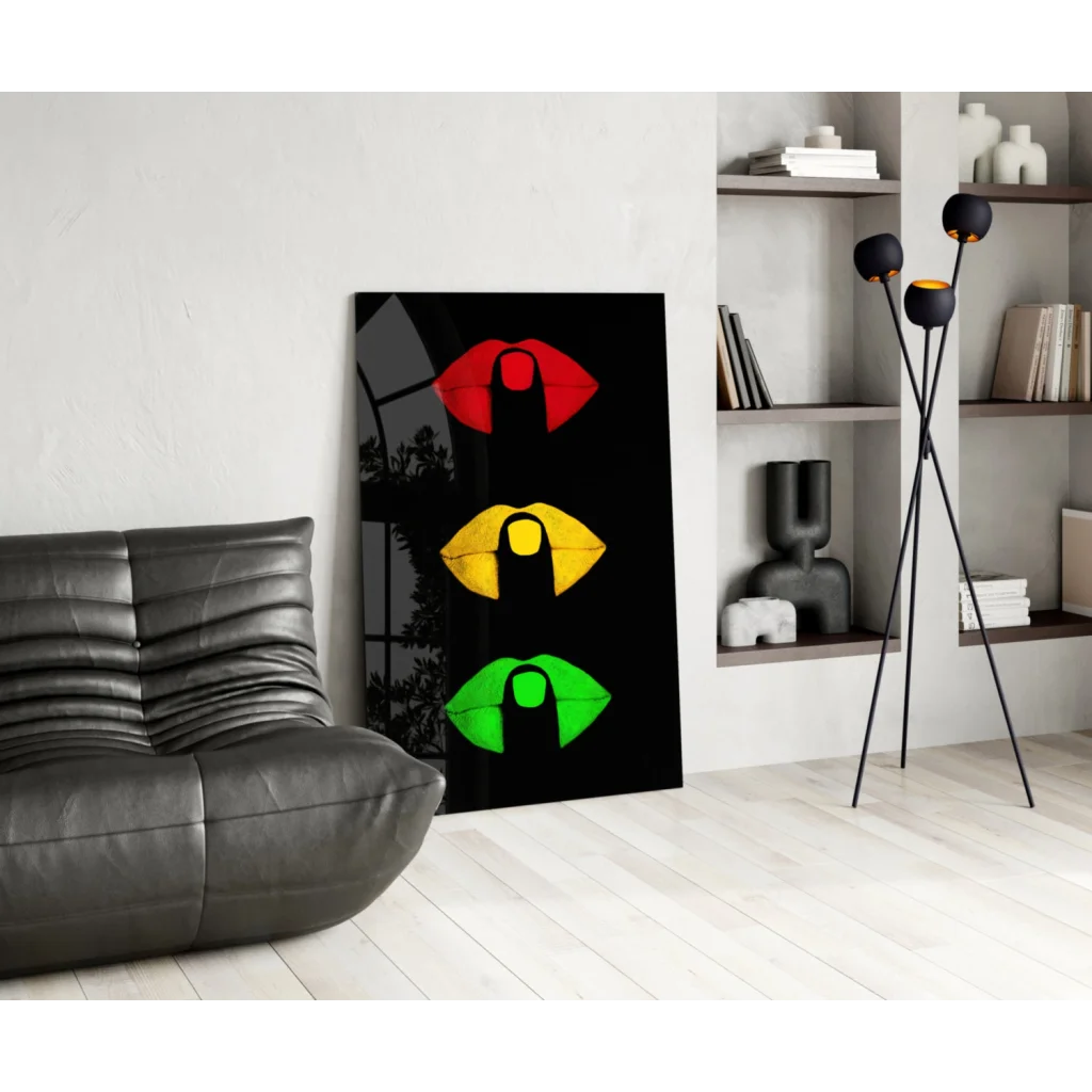 Vibrant traffic light lips glass wall art panel in red yellow green