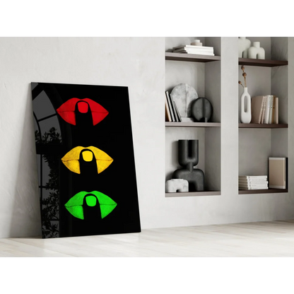 Bold traffic light lips glass wall art in red, yellow, green