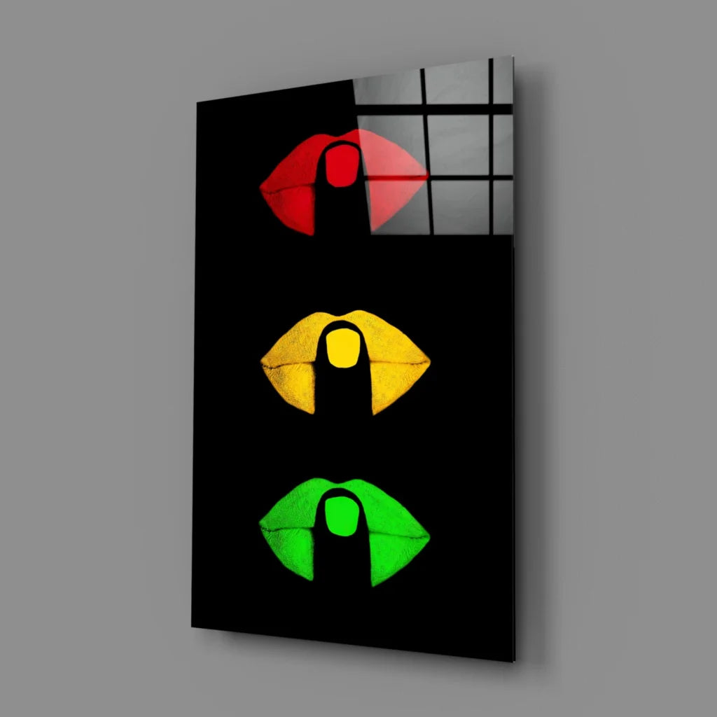 Traffic Light Lips glass wall art panel with colorful abstract lips
