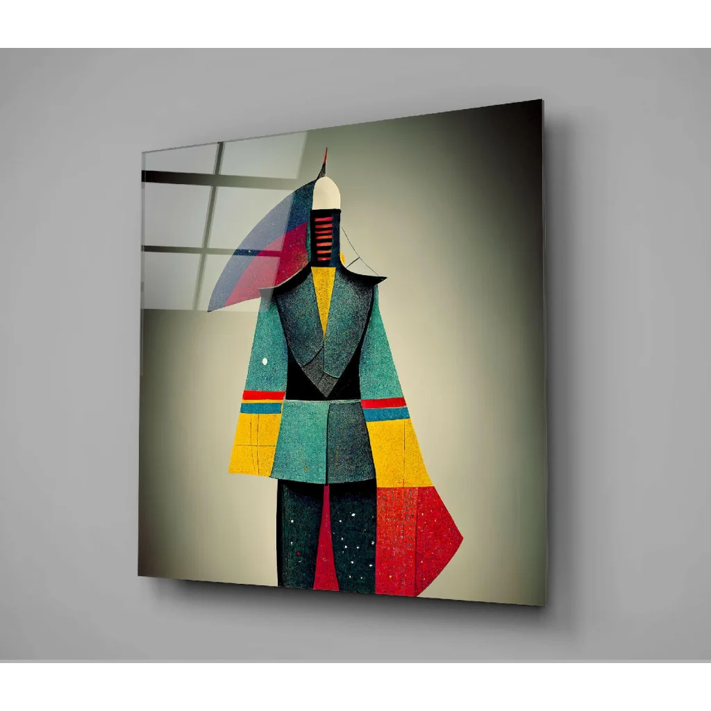 Bold geometric glass wall art with teal yellow red black abstract figure