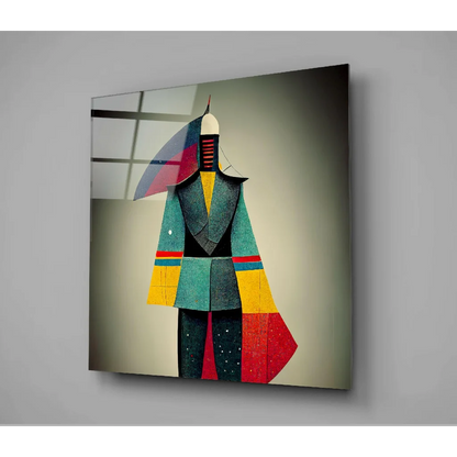 Bold geometric glass wall art with teal yellow red black abstract figure