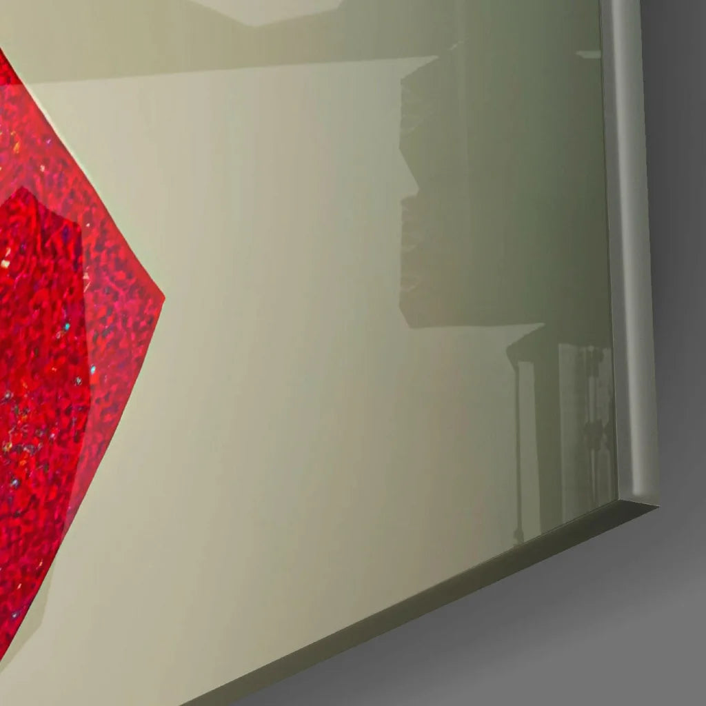 Vibrant red glittery geometric glass wall art in sleek white frame