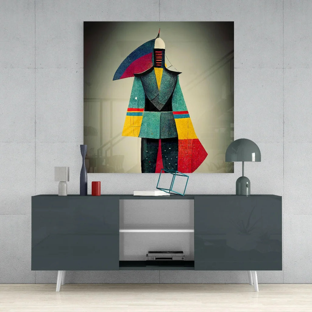 Bold geometric glass wall art with teal yellow red black abstract figure and cape