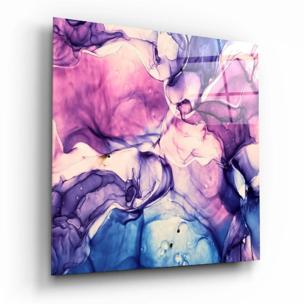 Vibrant swirling purple pink blue glass wall art panel
