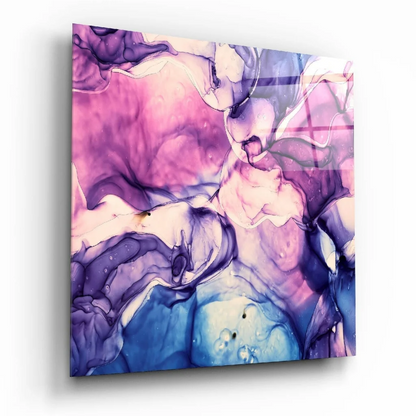Vibrant swirling purple pink blue glass wall art panel