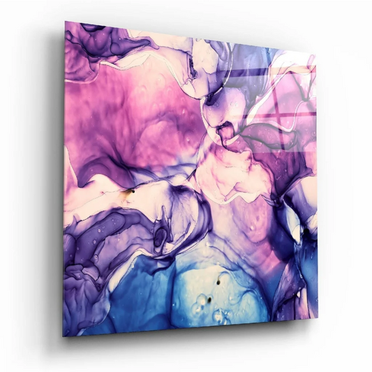 Vibrant swirling purple pink blue glass wall art panel