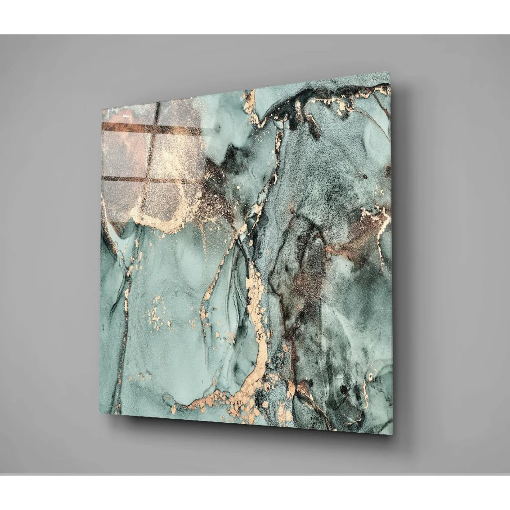 Stunning Teal and Gold Swirl Glass Wall Art Panel | Modern Wall Art Decor | vintageantiquesgifts.com