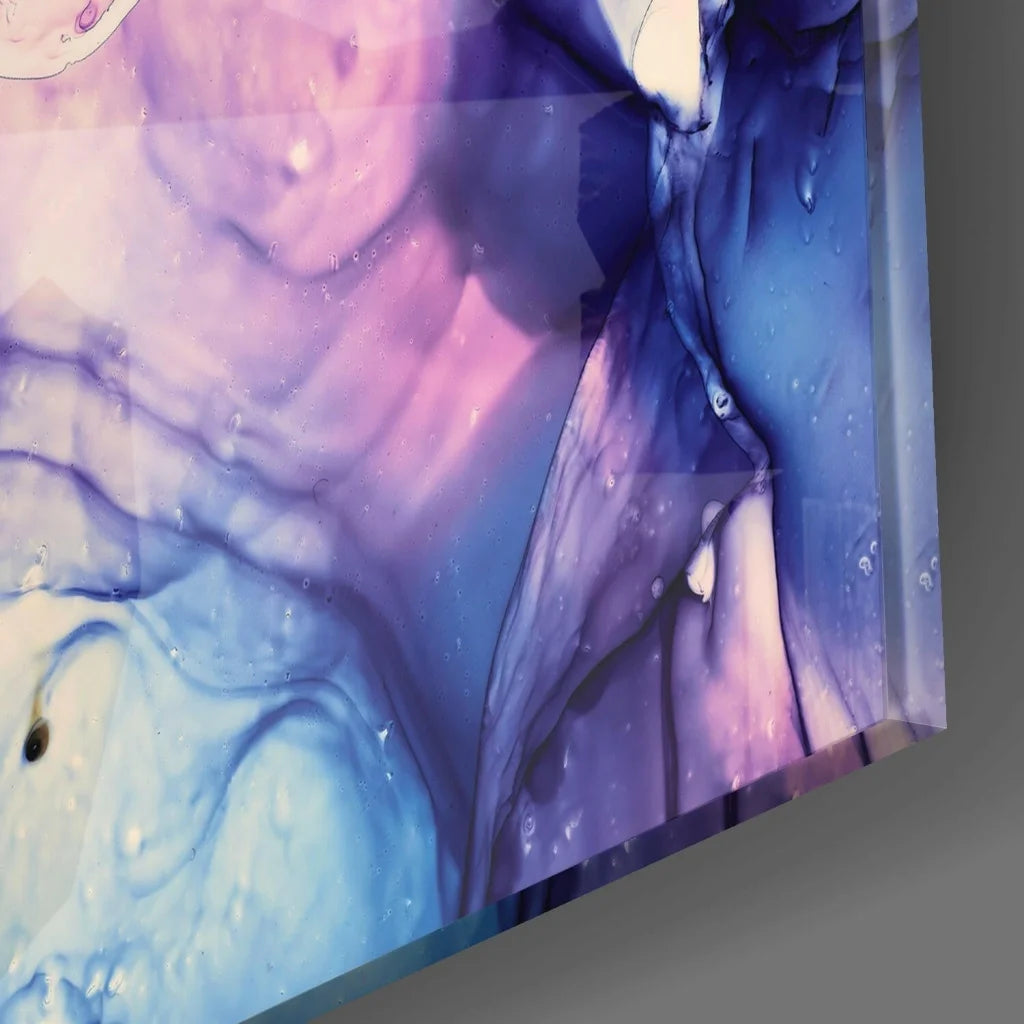 Vibrant swirling purple pink blue glass wall art panel with glossy textures