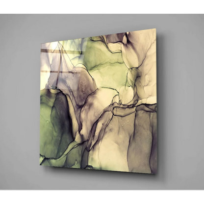 Stunning swirled glass wall art with glossy abstract design in muted greens, browns, and cream