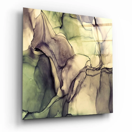 Stunning swirled glass wall art with glossy abstract design in muted greens, browns, and cream