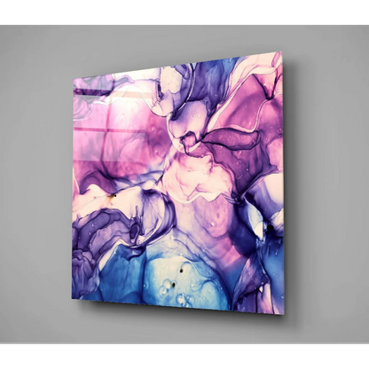 Vibrant swirling purple pink blue glass wall art panel