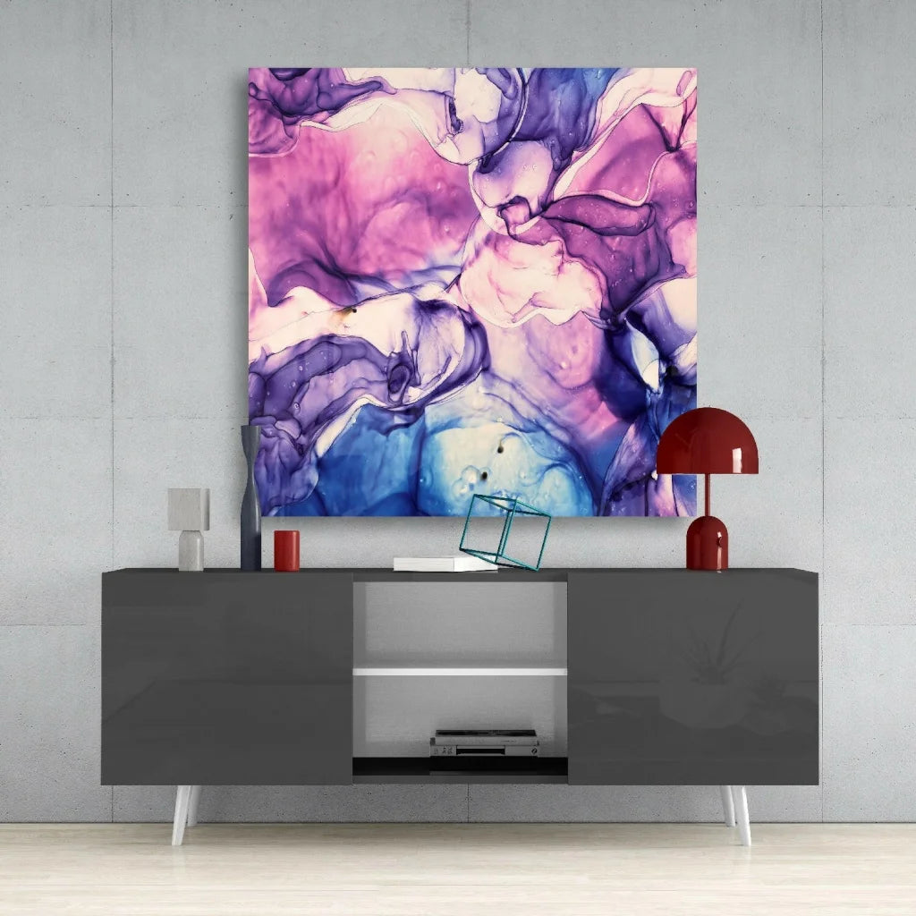 Vibrant swirling purple pink blue glass wall art panel