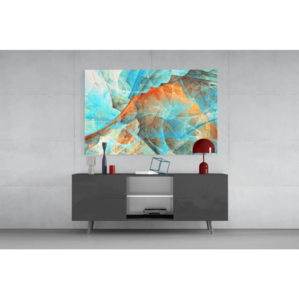 Swirling turquoise orange abstract glass wall art on gray console