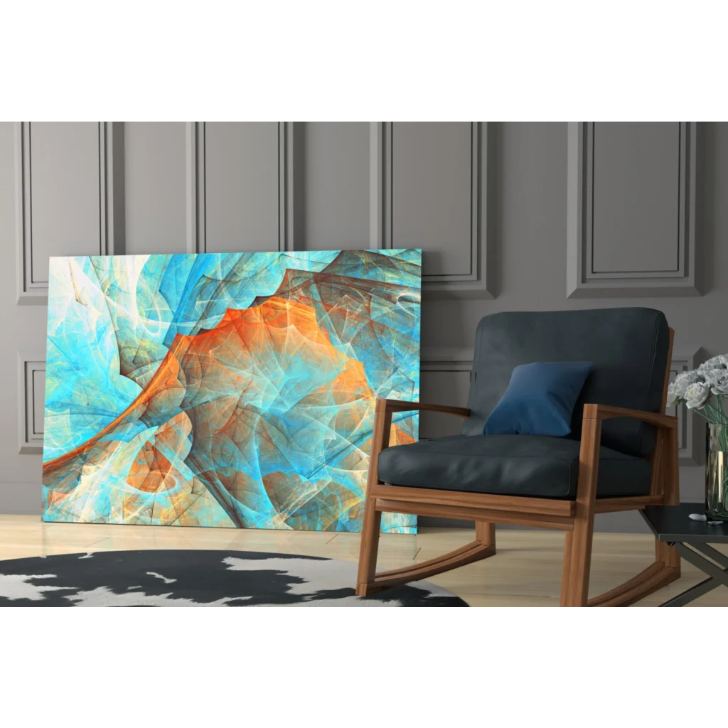 Vibrant swirling turquoise orange abstract glass wall art on gray wall