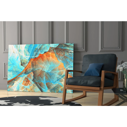 Vibrant swirling turquoise orange abstract glass wall art on gray wall