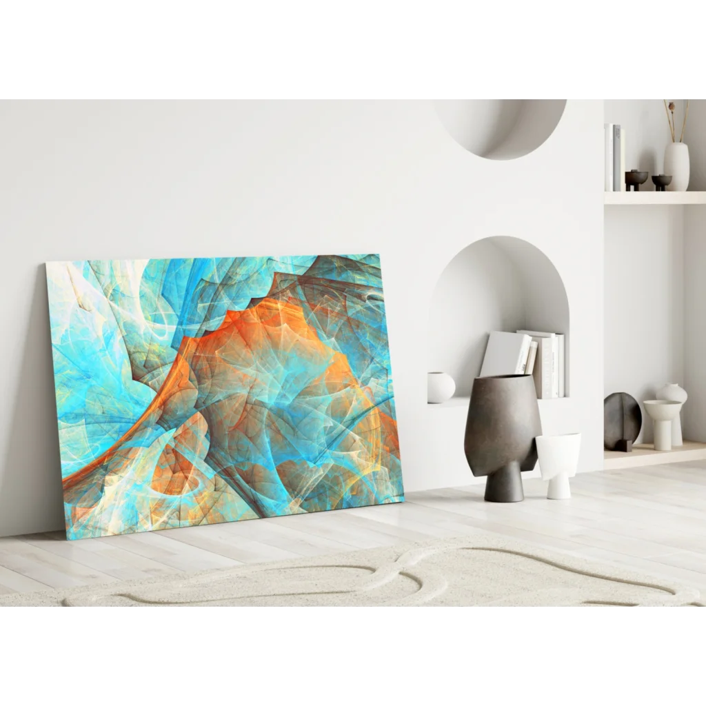 Vibrant swirling turquoise orange abstract glass wall art canvas