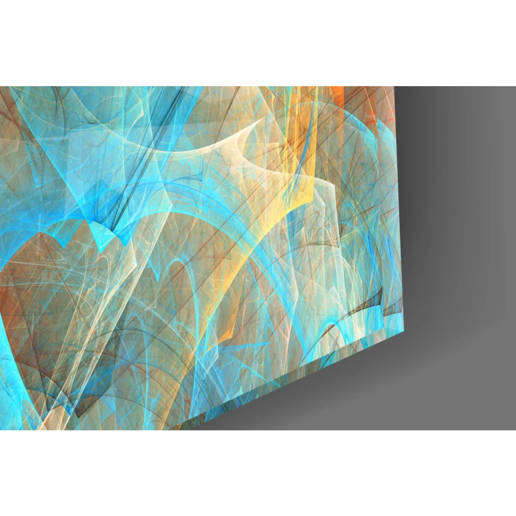 Swirling turquoise orange abstract glass wall art with fractal patterns