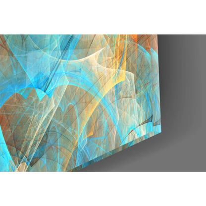 Swirling turquoise orange abstract glass wall art with fractal patterns