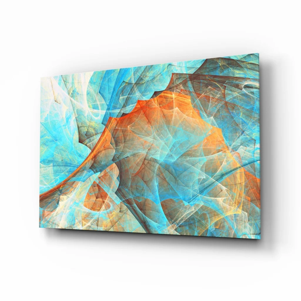 Vibrant swirling turquoise orange brown abstract glass wall art canvas