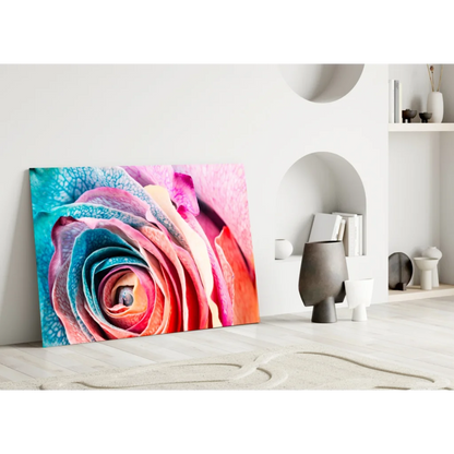 Vibrant swirling rainbow rose glass wall art canvas print