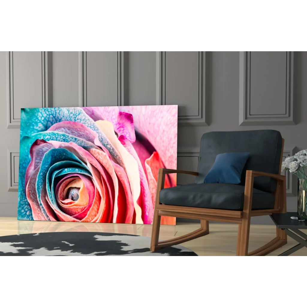 Vibrant swirling rainbow rose glass wall art canvas print