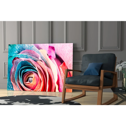 Vibrant swirling rainbow rose glass wall art canvas print