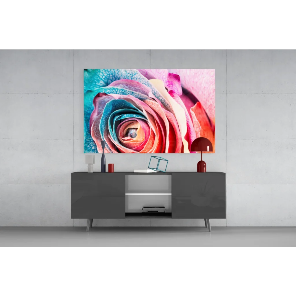 Vibrant swirling rainbow rose glass wall art canvas print