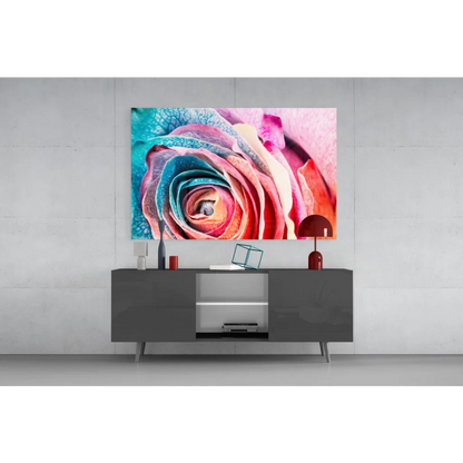 Vibrant swirling rainbow rose glass wall art canvas print