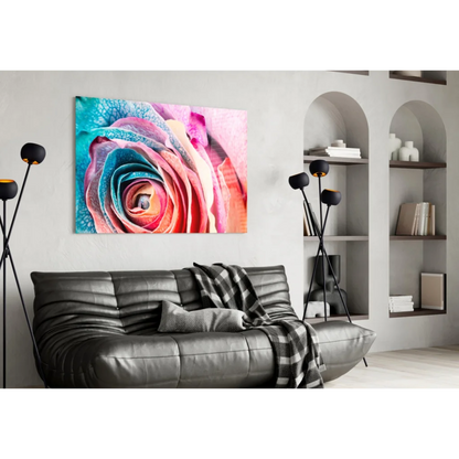 Vibrant swirling rainbow rose glass wall art canvas print