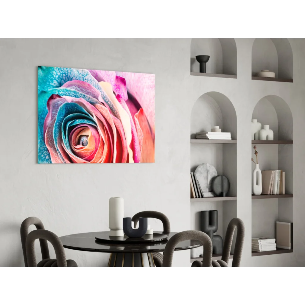 Vibrant close-up of swirling rainbow rose on glass wall art canvas print