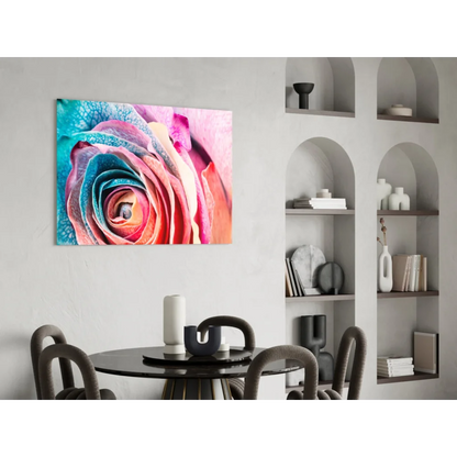 Vibrant close-up of swirling rainbow rose on glass wall art canvas print