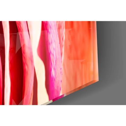 Vibrant swirling rainbow rose glass wall art canvas print in red, pink, orange hues