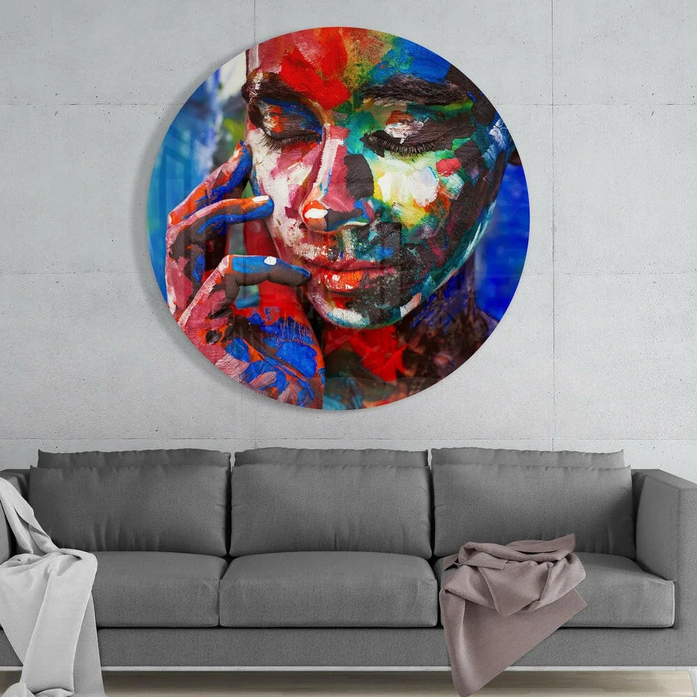 Vibrant circular abstract portrait on tempered glass art with bold red, blue, green strokes