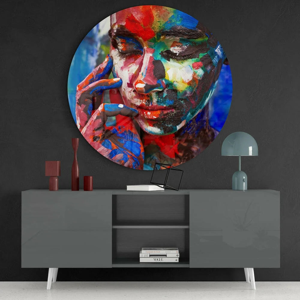 Vibrant tempered glass art portrait with bold red, blue, yellow strokes