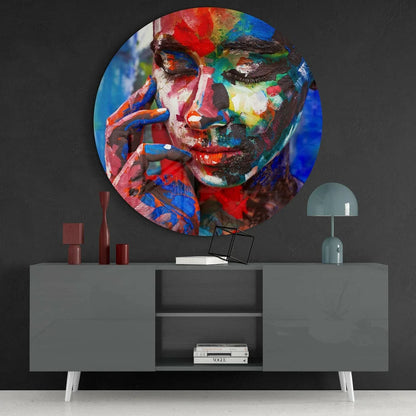 Vibrant tempered glass art portrait with bold red, blue, yellow strokes