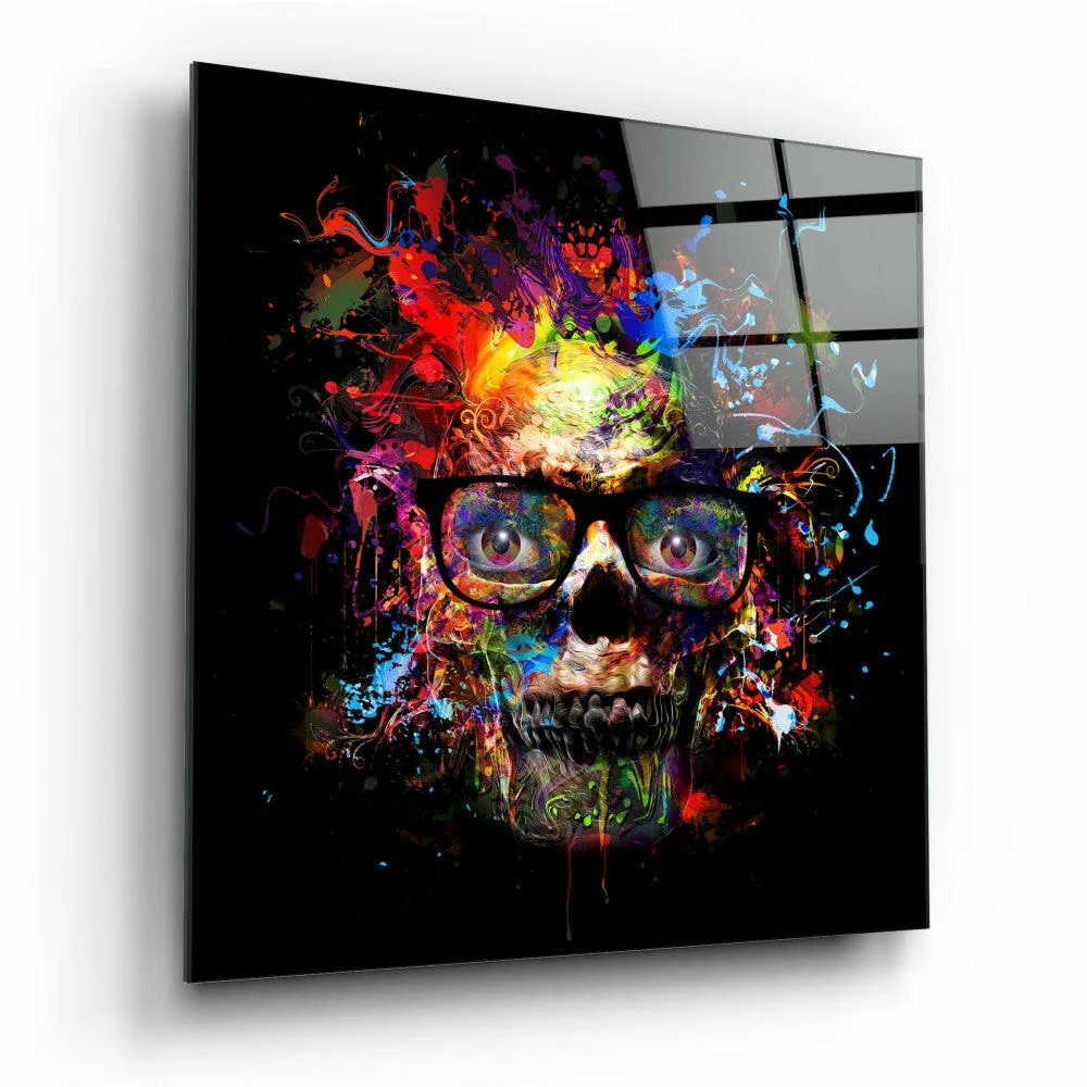 Vibrant abstract skull in glasses on glossy glass wall art panel