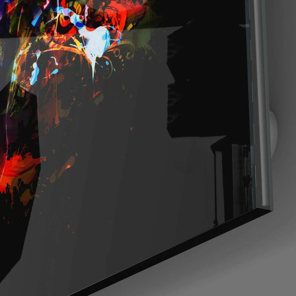 Vibrant skull glass wall art with bold red, blue, orange splashes on black