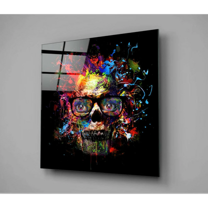 Vibrant abstract skull with glasses on glossy black glass wall art