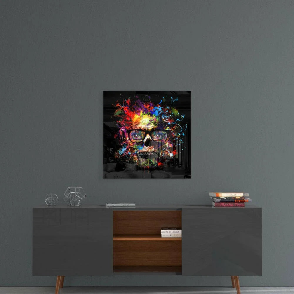 Vibrant abstract skull glass wall art with bold colorful splashes and glasses