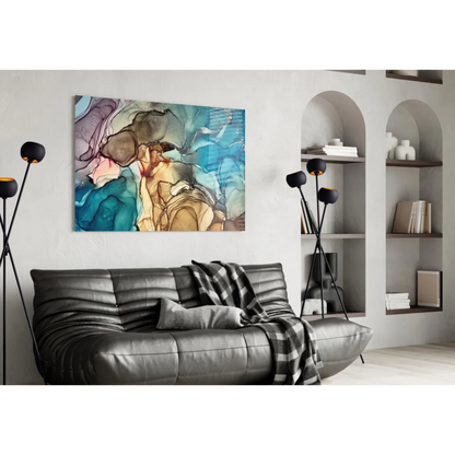 Swirling Teal and Gold Abstract Glass Wall Art Canvas | Contemporary Home Wall Art | vintageantiquesgifts.com